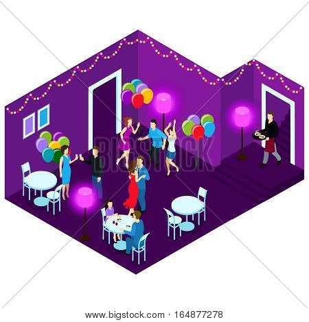 Dancing and sitting people at party in restaurant with white tables and purple walls isometric vector illustration