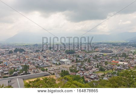 OHNO JAPAN - AUGUST 02 2016: View of Ohno city from the main keep of Echizen Ohno castle. Ohno city of Fukui Prefecture has 400-years history and was called "Little Kyoto."
