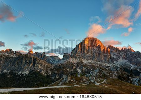 Mountain Cinque Torri (The Five Pillars) at sunrise Dolomites Italy