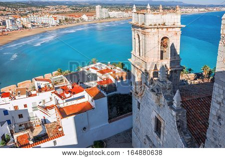 View of the sea from a height of Pope Luna's Castle. Valencia, Spain.  Peniscola. Castellón. The medieval castle of the Knights Templar on the beach. Beautiful view of the sea and the bay.