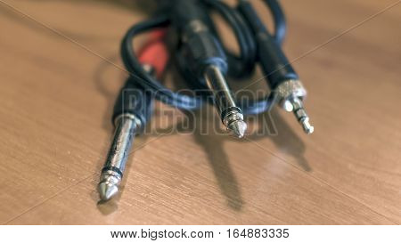 Closeup of stereo audio phone connectors plug