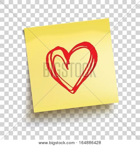 Yellow sticky note with red hand drawn heart. Vector illustration