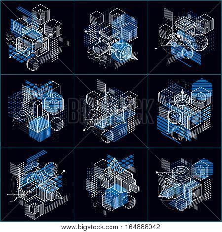 Isometric Linear Abstract Vector Backgrounds, Lined Abstractions. Cubes, Hexagons, Squares, Rectangl
