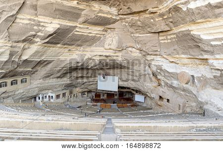 Cairo, Egypt - December 18 2016: Virgin Mary and St. Simon the Tanner Cathedral, The biggest church of seven Churches and Chapels hidden in a series of caves in Saint Samaan The Tanner Monastery