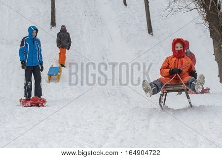 Bucharest Romania January 30 2014: Children sleighing on a hill in a park in Bucharest capital of Romania during a cold day. The meteorologist announced temperatures lower than normal for this period.