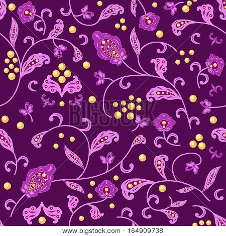 Abstract floral seamless pattern on violet background with rose and gold elements