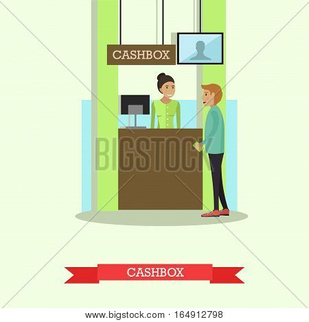 Vector illustration of bank teller serving customer. Cashbox, cash department. Banking concept design element in flat style