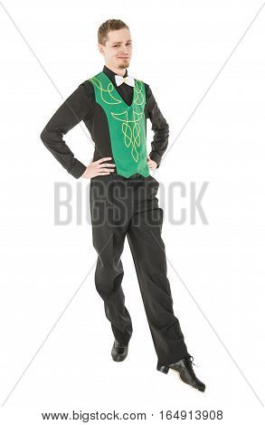 Young Man In Costume For Irish Dance Isolated