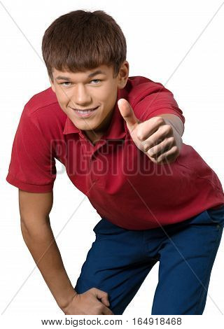 Teen male preppy leaning over giving thumbs up
