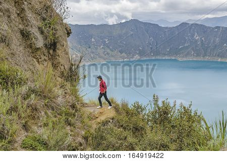 QUILOTOA, ECUADOR, FEBRAURY - 2016 - Man at Quilotoa lake Ecuador