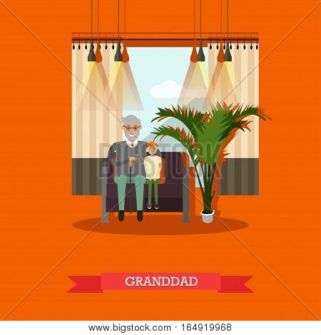 Vector illustration of granddad with his grandson sitting on sofa. Family concept design element in flat style.