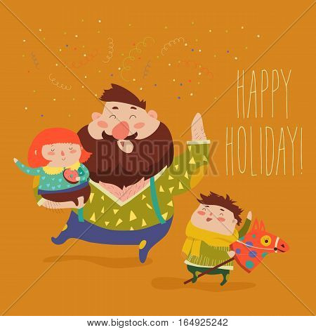 Inscription Happy Fathers Day. Dad holding his son and daughter. Vector illustration