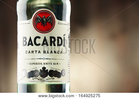 POZNAN POLAND - DEC 8 2016: Bacardi white rum is a product of Bacardi Limited the largest privately held family-owned spirits company in the world headquartered in Hamilton Bermuda.