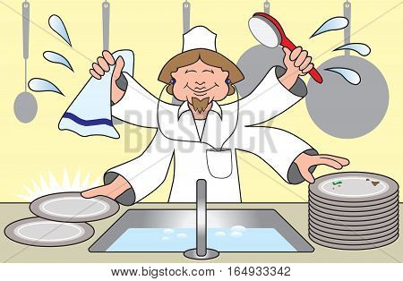 Busy dish washer is rocking out and taking care of business