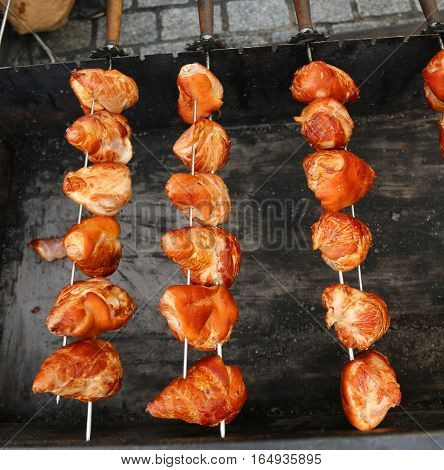 Typical Czech Specialties With Roasted Skewered Meat Sold On The