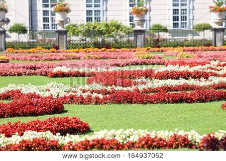 Flower Garden With Many Flower Beds With Lots Of Flowers In A Pa