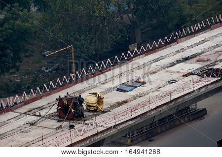 Under construction metro bridge in Noida. The Delhi metro is a critical project that has been expanding in phases