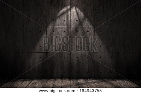 grunge industrial background, dark underground room with walls of concrete slabs and wooden floor, 3d illustration