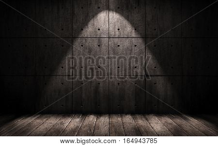 grunge industrial background, dark underground room with walls of concrete and wooden floor, 3d illustration