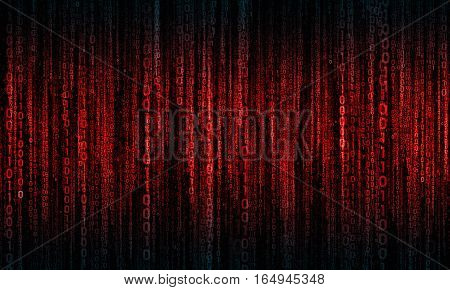 cyberspace with red - blue digital lines, binary hanging chain, abstract background