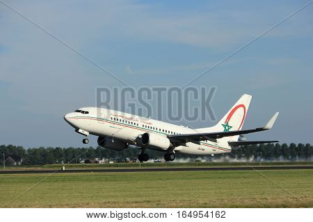 Amsterdam the Netherlands - August 18th 2016: CN-RNR Royal Air Maroc Boeing 737-7B6 taking off from Polderbaan Runway Amsterdam Airport Schiphol