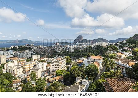 Aerial view of cityscape the Sugarloaf mountain Atlantic ocean Botafogo bay districts of Rio de Janeiro Brazil