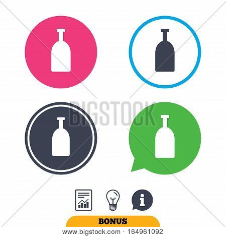 Alcohol sign icon. Drink symbol. Bottle. Report document, information sign and light bulb icons. Vector