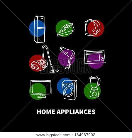 Hand drawn home appliances - fridge hairdryer TV blender iron washing machine refrigerator vacuum cleaner kettle. Vector doodles. Scratched elements.