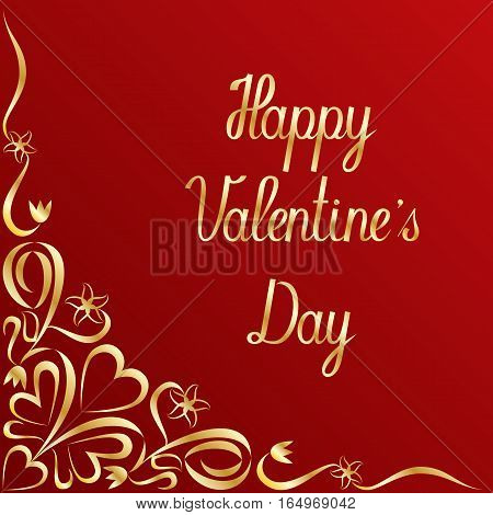 Valentines day lettering ornate corner decor red background. Vector illustration.