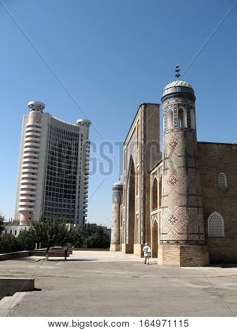 Kukeldash Madrassah and modern building in Tashkent Uzbekistan September 13 2007
