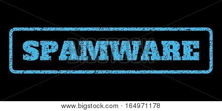 Light Blue rubber seal stamp with Spamware text. Vector tag inside rounded rectangular shape. Grunge design and dirty texture for watermark labels. Horisontal sticker on a black background.