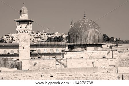 JERUSALEM ISRAEL 26 10 16: Jerusalem wall and Al-Aqsa Mosque, also known as Al-Aqsa and Bayt al-Muqaddas, is the third holiest site in Sunni Islam and is located in the Old City of Jerusalem.