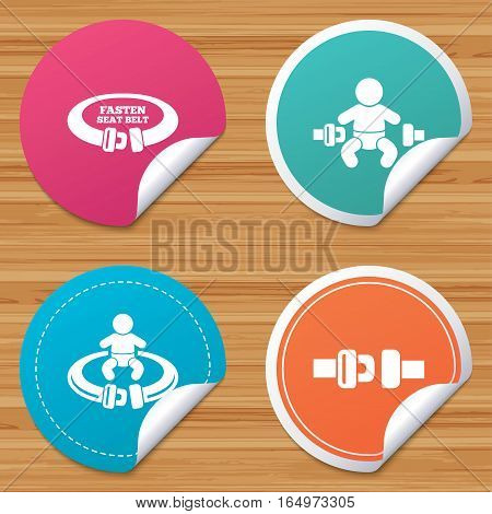 Round stickers or website banners. Fasten seat belt icons. Child safety in accident symbols. Vehicle safety belt signs. Circle badges with bended corner. Vector