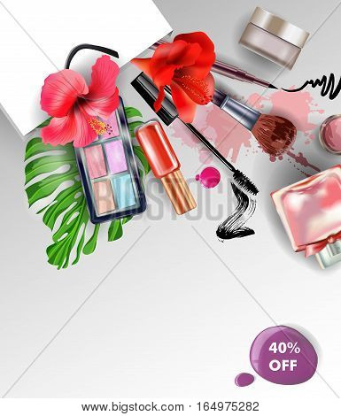 Beauty and cosmetics background. Summer sale Concept. Use for advertising flyer, banner, leaflet. Template Vector.