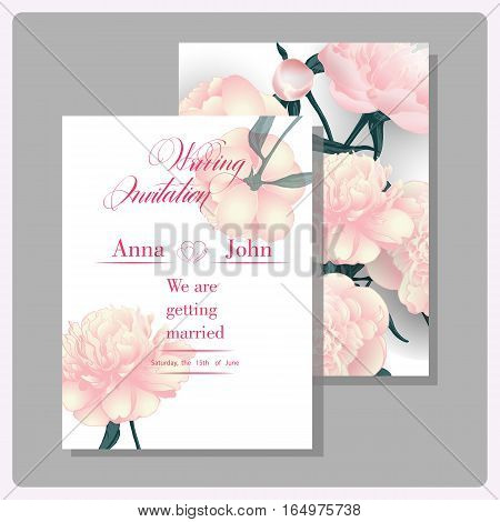 Wedding invitation cards with blooming peonies. Use for Boarding Pass invitations thank you card. Vector illustration.
