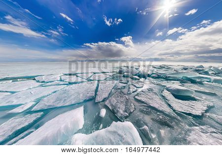 Wide Panorama Of Lake Baikal Ice Hummocks In Olkhon Island