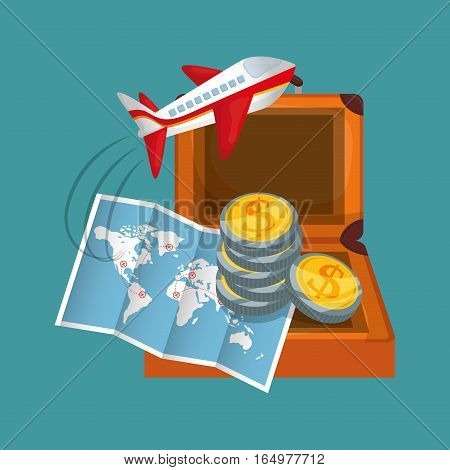travel map coins suitcase airplane vector illustration eps 10