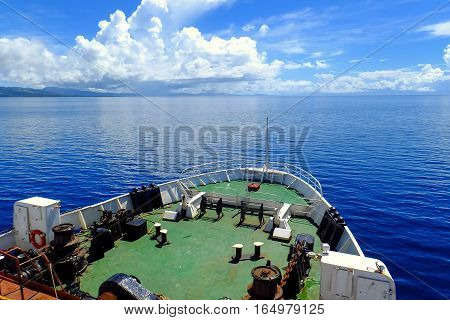 Passenger ferry crossing Somosomo Strait between Taveuni and Vanua Levu islands Fiji. Boats are very popular transportation in Fiji.