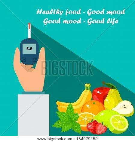 Very high quality original trendy vector flat illustration Blood test or glaucometer, glucose meter with healty food