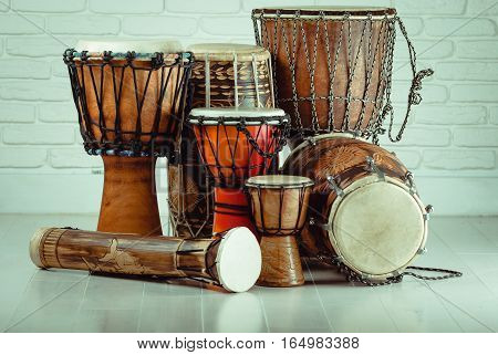 variation of ethnic drums different sizes from small to huge