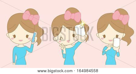 Cartoon young woman smile take selfie by smart phone