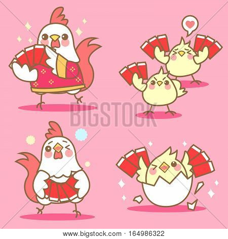 cartoon chicken with red envelopes for chinese new year