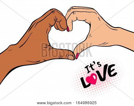 Male and female hands with heart sign and It's love text with heart instead of O on dots. Vector hand drawn illustration in comic style isolated on white background.