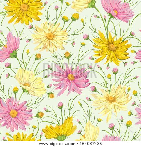 Seamless pattern with yellow and pink chamomile flowers. Rustic floral design for wedding invitations and birthday cards. Vintage vector botanical illustration in watercolor style.