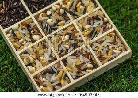 Variety of healthy grains and seeds in a wooden box mostly gluten free with rice, Sensitive Focus