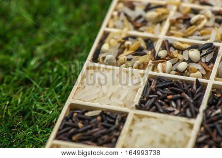 Variety of healthy grains and seeds in a wooden box mostly gluten free with rice, Sensitive Focus