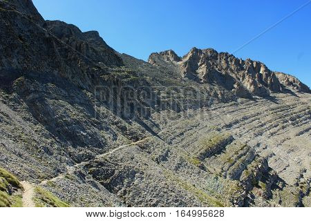 Narow and mountain road to up hill Olymp in Greece.