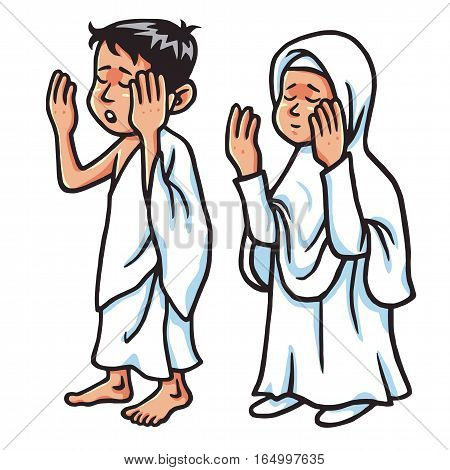 Boy And Girl Hajj Praying  Vector Illustration