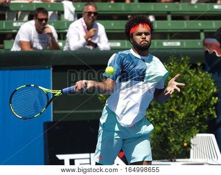 Melbourne Australia - January 11 2017: French Tennis player Jo-Wilfried Tsonga preparing for the Australian Open at the Kooyong Classic Exhibition tournament
