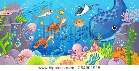 Cute Cartoon Animals Underwater. Vector Illustration On A Sea Theme.